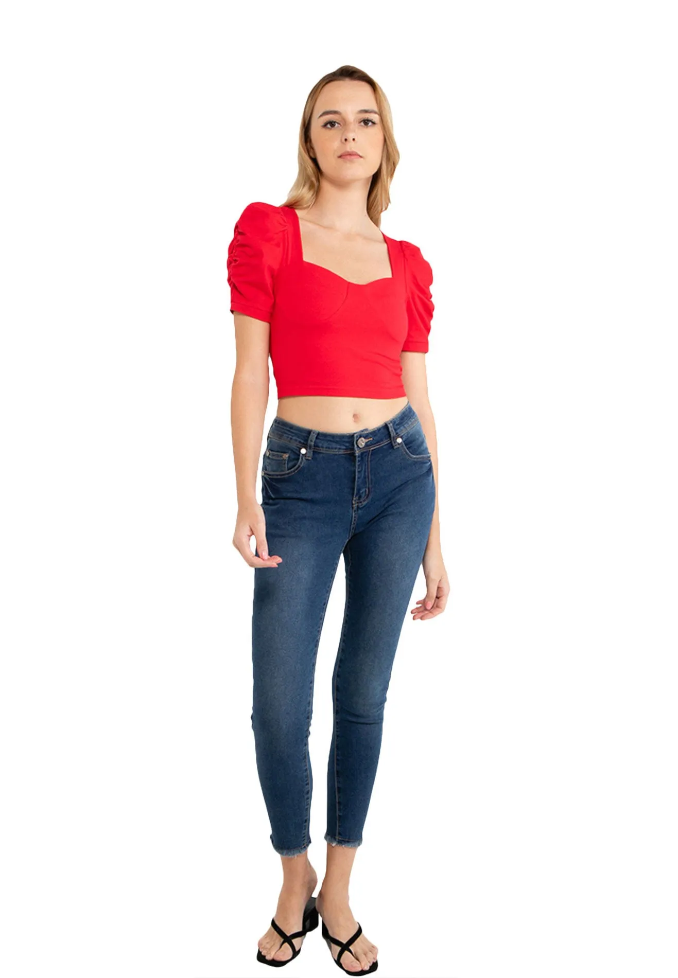 VOIR JEANS Puff Sleeves Sweetheart Neck Crop Top