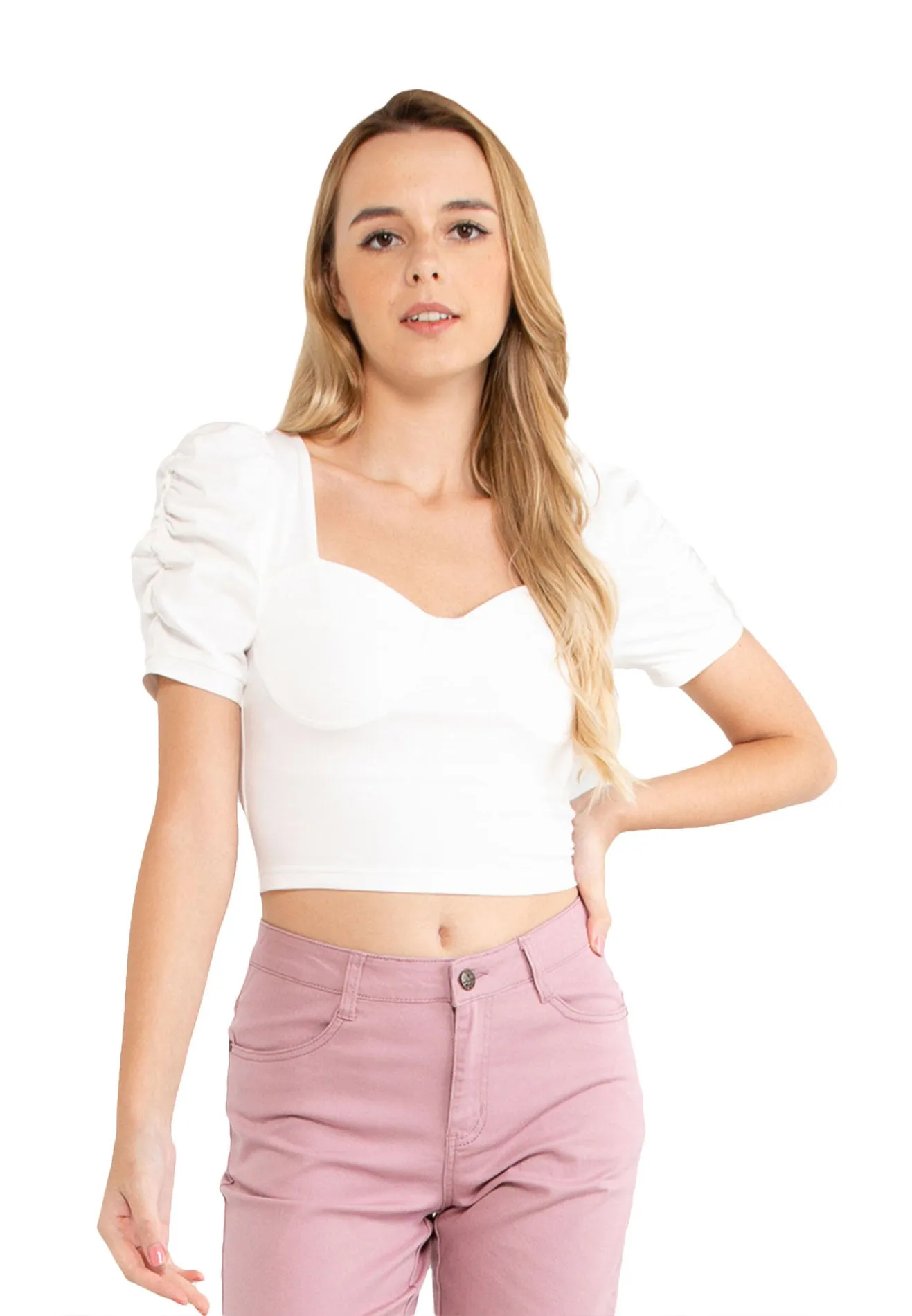 VOIR JEANS Puff Sleeves Sweetheart Neck Crop Top