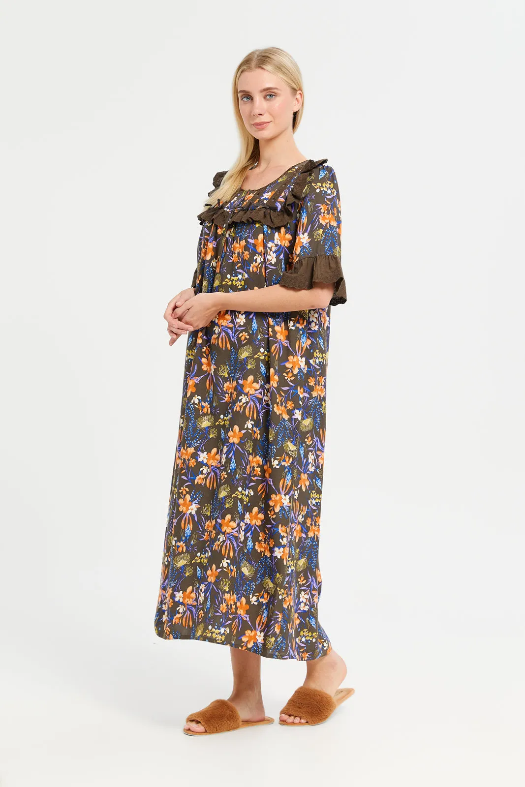 Women Assorted Embellished Printed Ruffle Nightgown