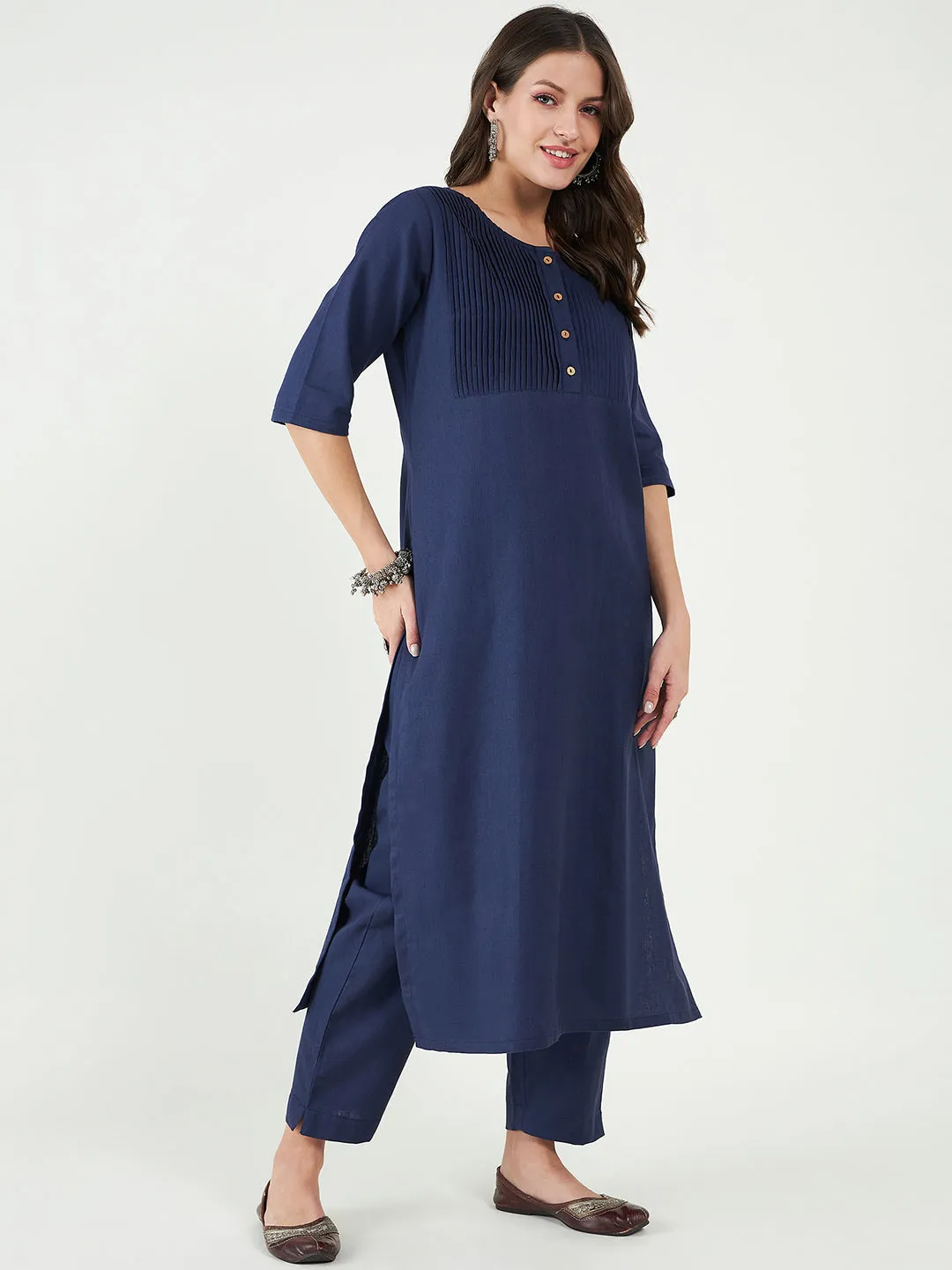 Women Cotton Round Neck A-Line Kurta with Trouser