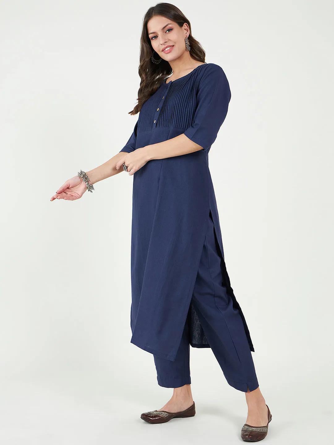 Women Cotton Round Neck A-Line Kurta with Trouser