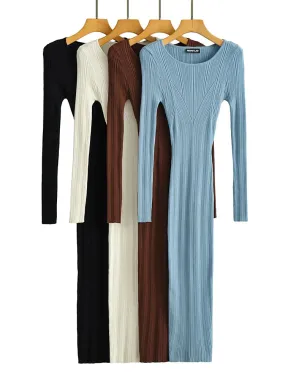 Women Geometric Knitted Stretchable Slim Dress Autumn Winter 4 Colors Long Sleeve Elegant Midi Dresses