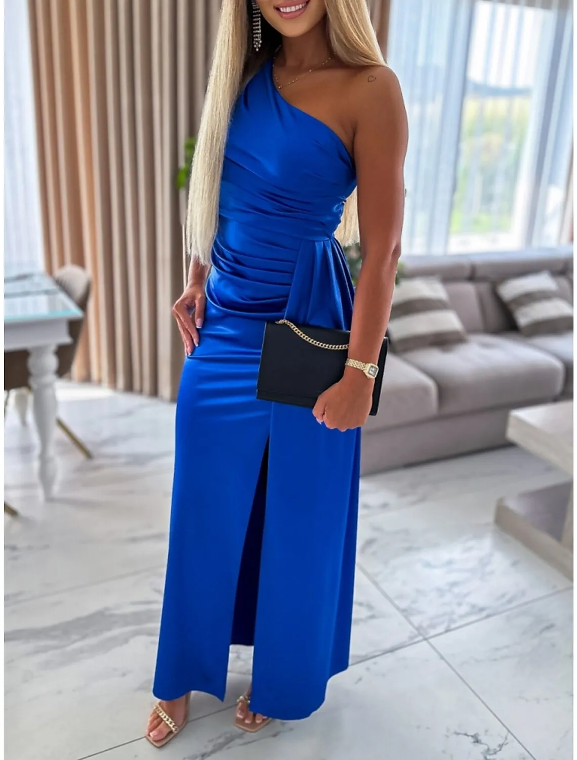 Women's Prom Dress Party Dress Satin Dress Long Dress Maxi Dress Blue Sleeveless Pure Color Ruched Spring Fall Winter One Shoulder Party Wedding Guest Evening Party Vacation