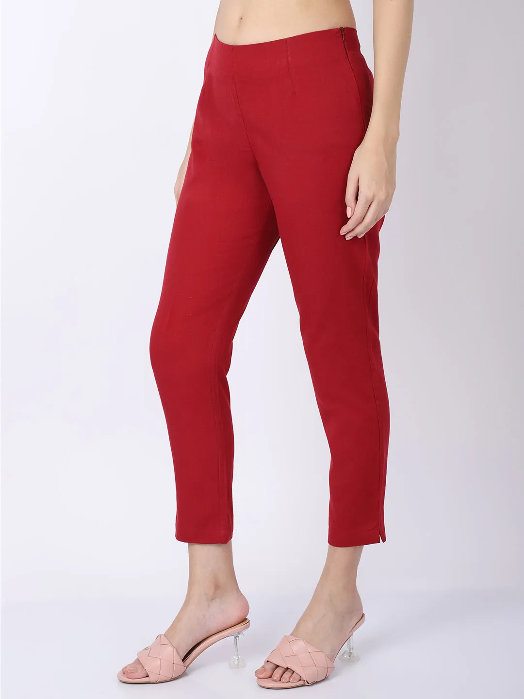 Women's Regular Regular Fit Maroon Flat Front Mid rise Ethnic Pant