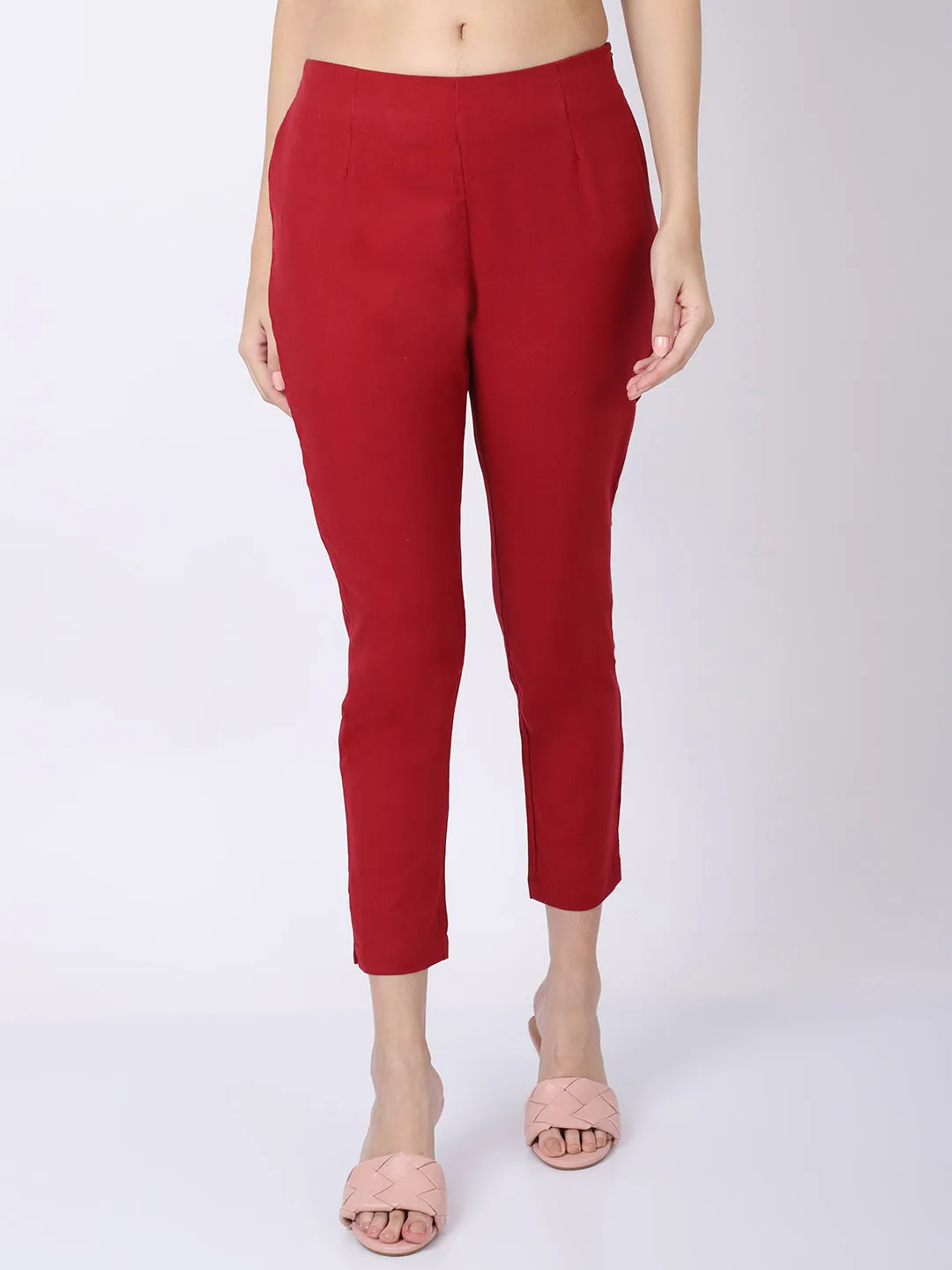 Women's Regular Regular Fit Maroon Flat Front Mid rise Ethnic Pant