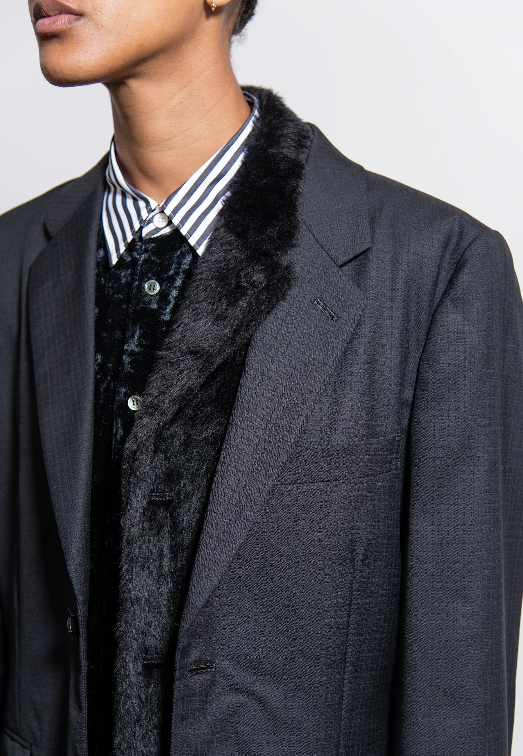 Wool Shadow Check Synthetic Fur Blazer Black