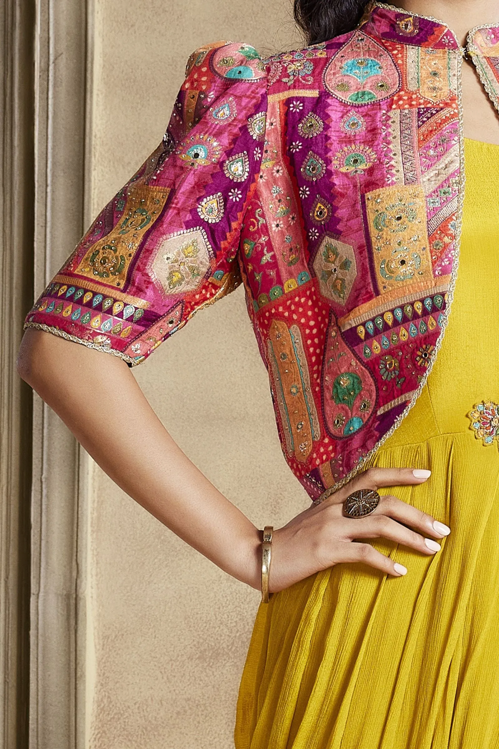 Yellow Mirror, Stone and Multicolor Banaras work Overcoat Styled Floor Length Anarkali Suit