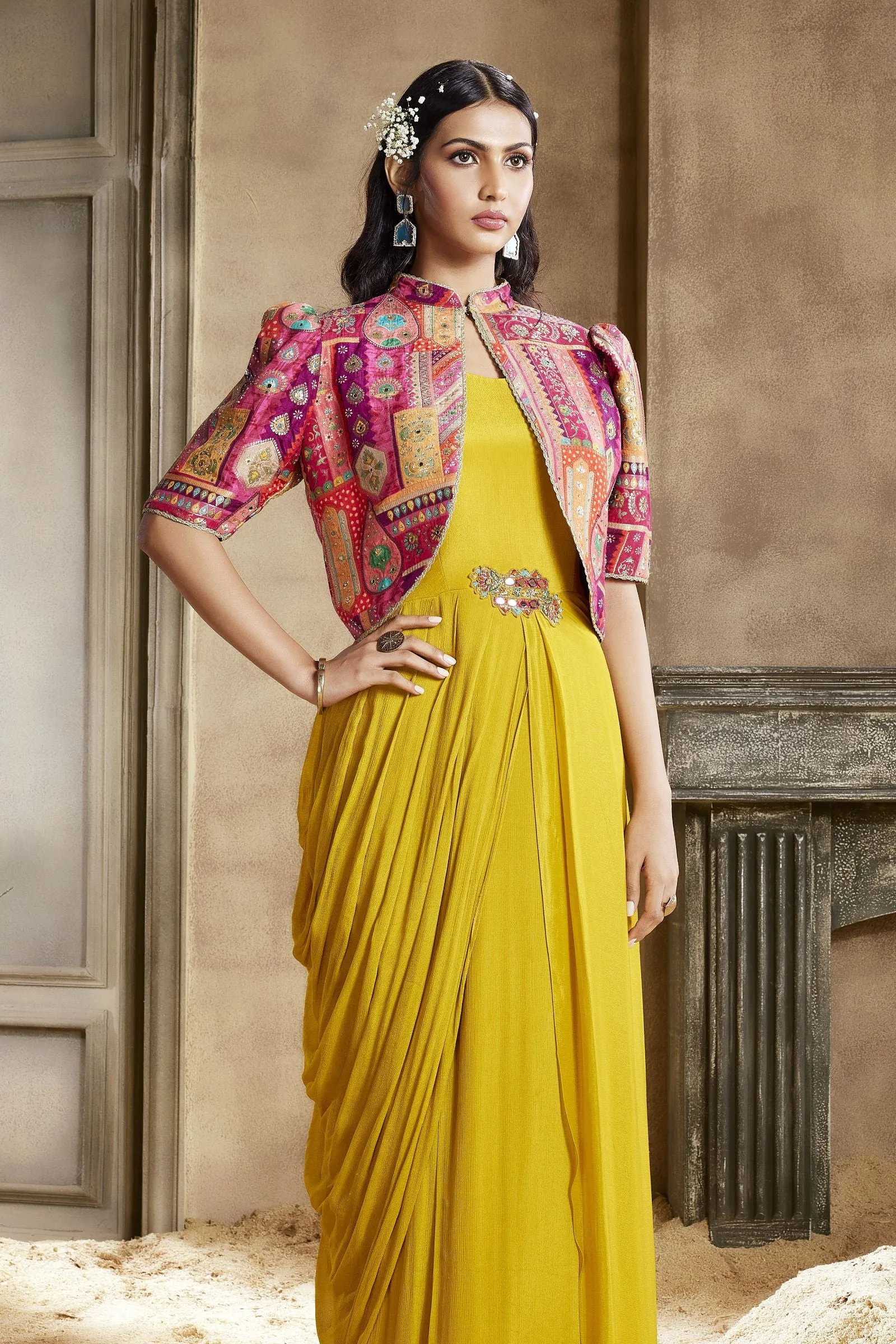 Yellow Mirror, Stone and Multicolor Banaras work Overcoat Styled Floor Length Anarkali Suit