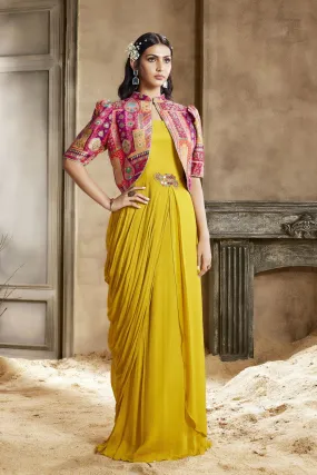 Yellow Mirror, Stone and Multicolor Banaras work Overcoat Styled Floor Length Anarkali Suit