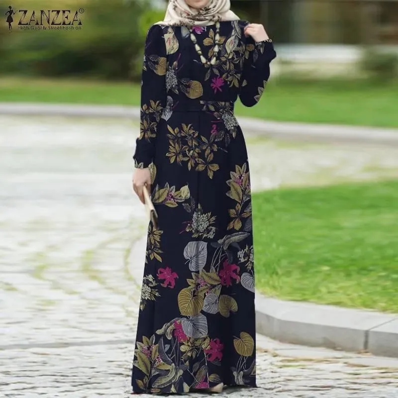 ZANZEA Women Spring Muslim Dress Kaftan Printed Floral Dress Abaya Morocco Long Maxi Dress Bohemian Casual Sundress Robe Femme X1879260